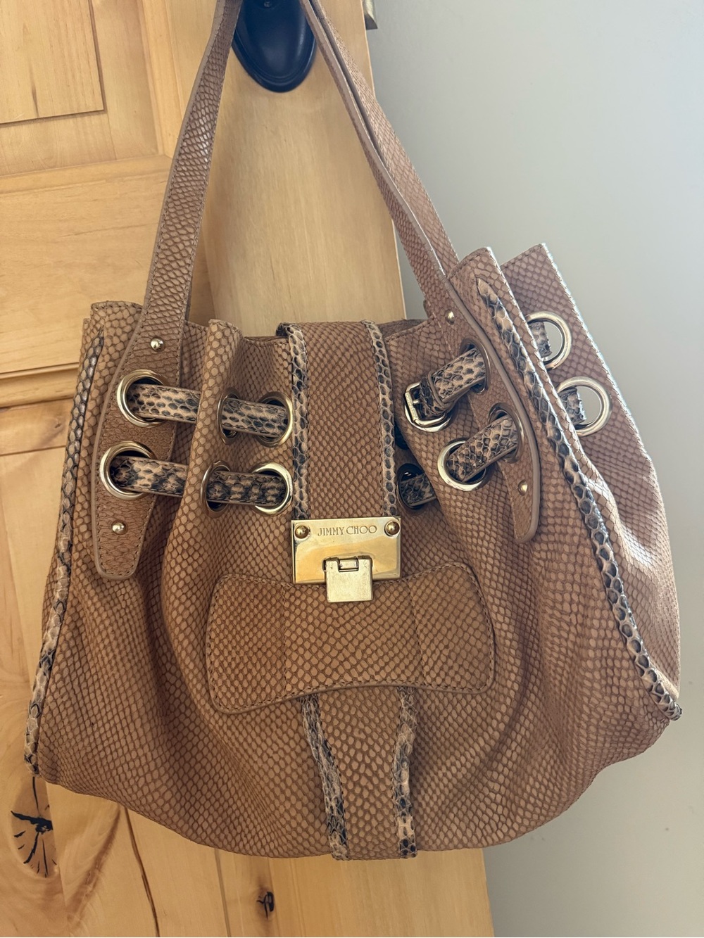 Jimmy Choo Tan Python-Accent Leather Shoulder Bag with Gold Hardware